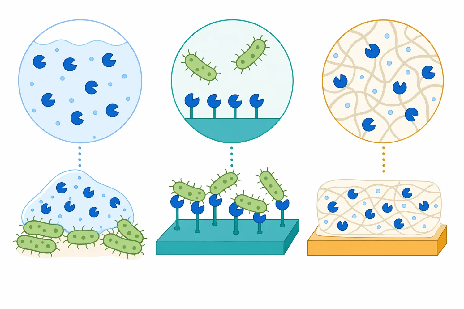 Soluble, immobilized, hydrogel, and film formats position lysozyme differently relative to bacteria and product interfaces.