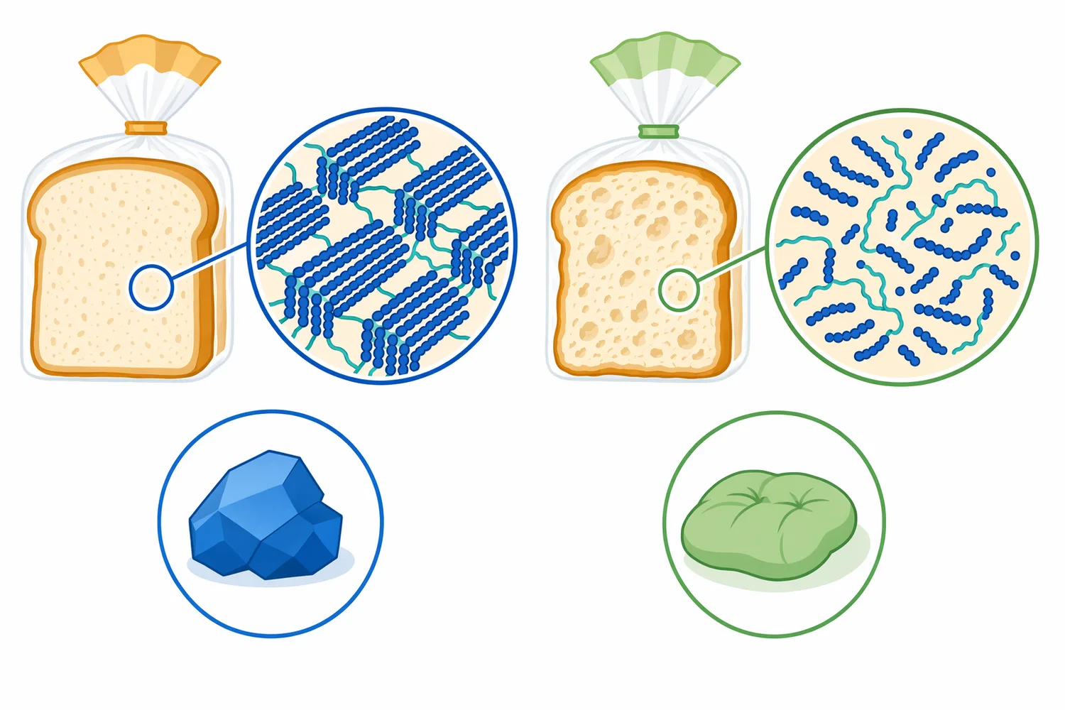 Bread can stale even in packaging because starch molecules reassociate inside the crumb after baking.