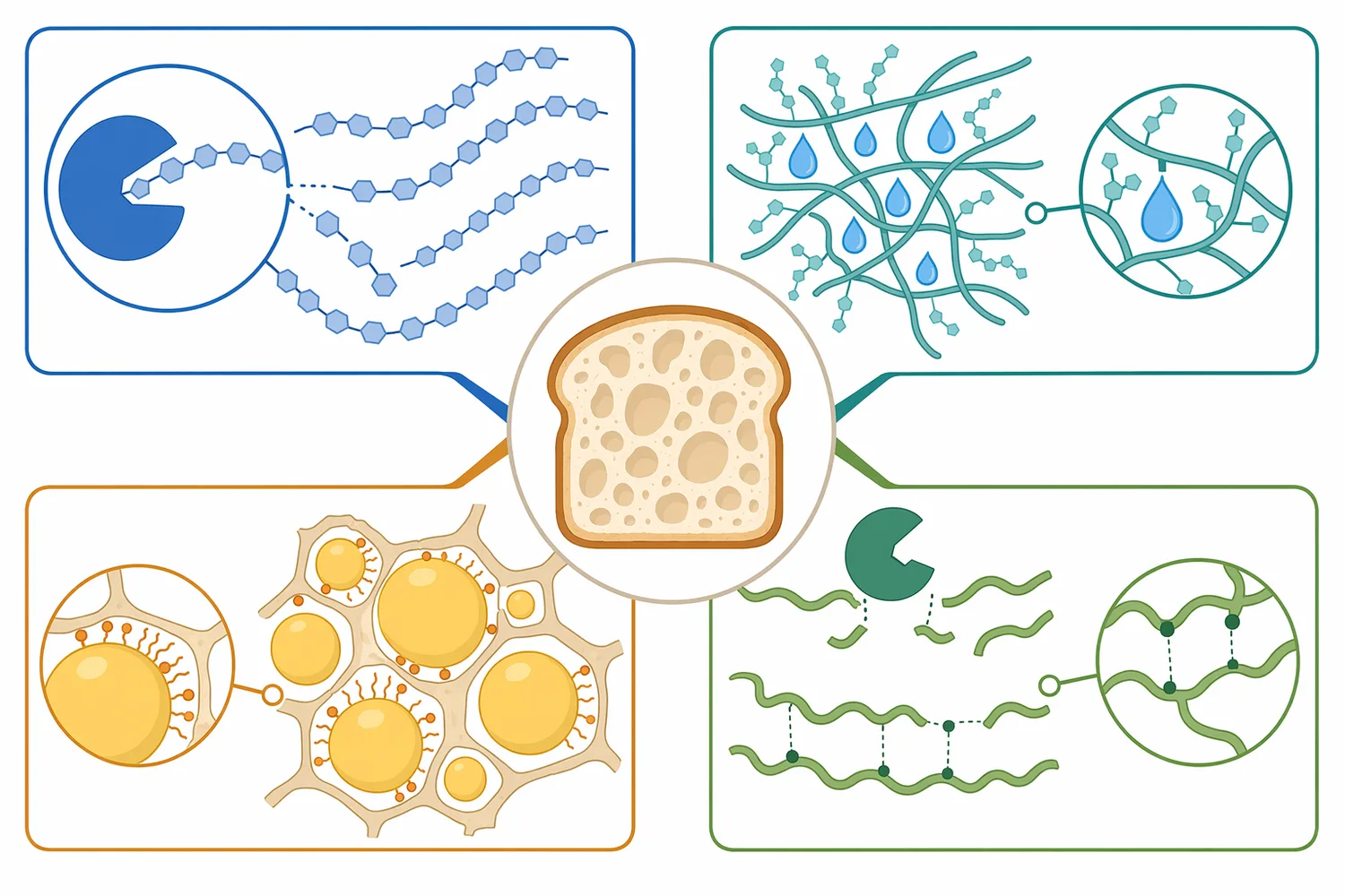 Maltogenic amylase acts on starch, while other bakery enzymes and ingredients influence water distribution, lipids, or protein networks.