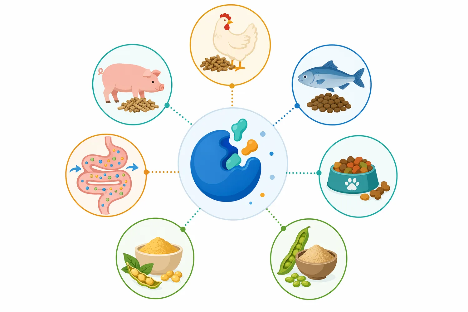Feed and digestive uses of mannanase focus on plant-derived ingredients where β-mannans can raise digesta viscosity or reduce nutrient accessibility.