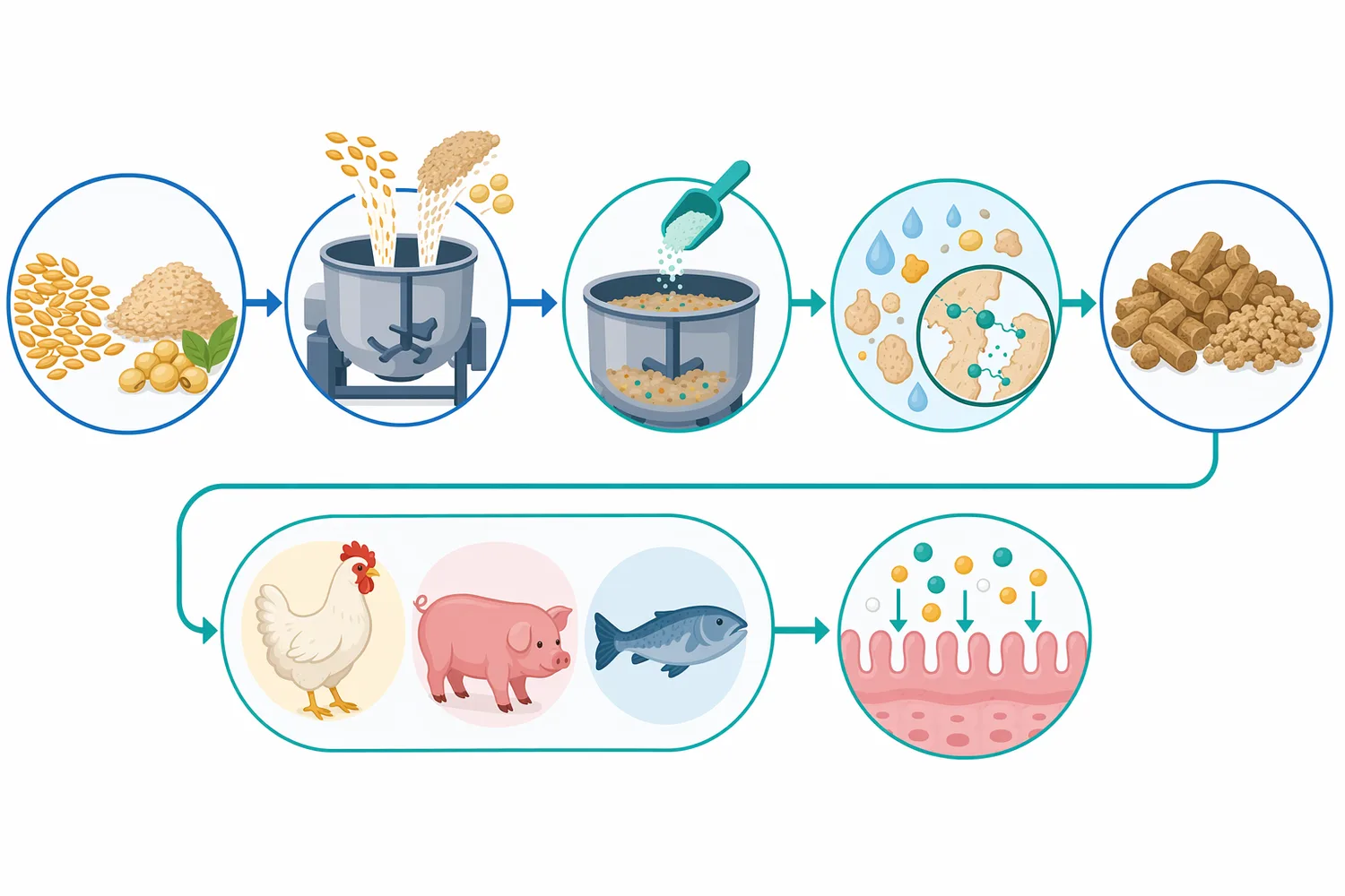 The digestive sequence is plant meal intake, mannan hydration and encapsulation, beta-mannanase cleavage, lower viscosity and improved nutrient access.