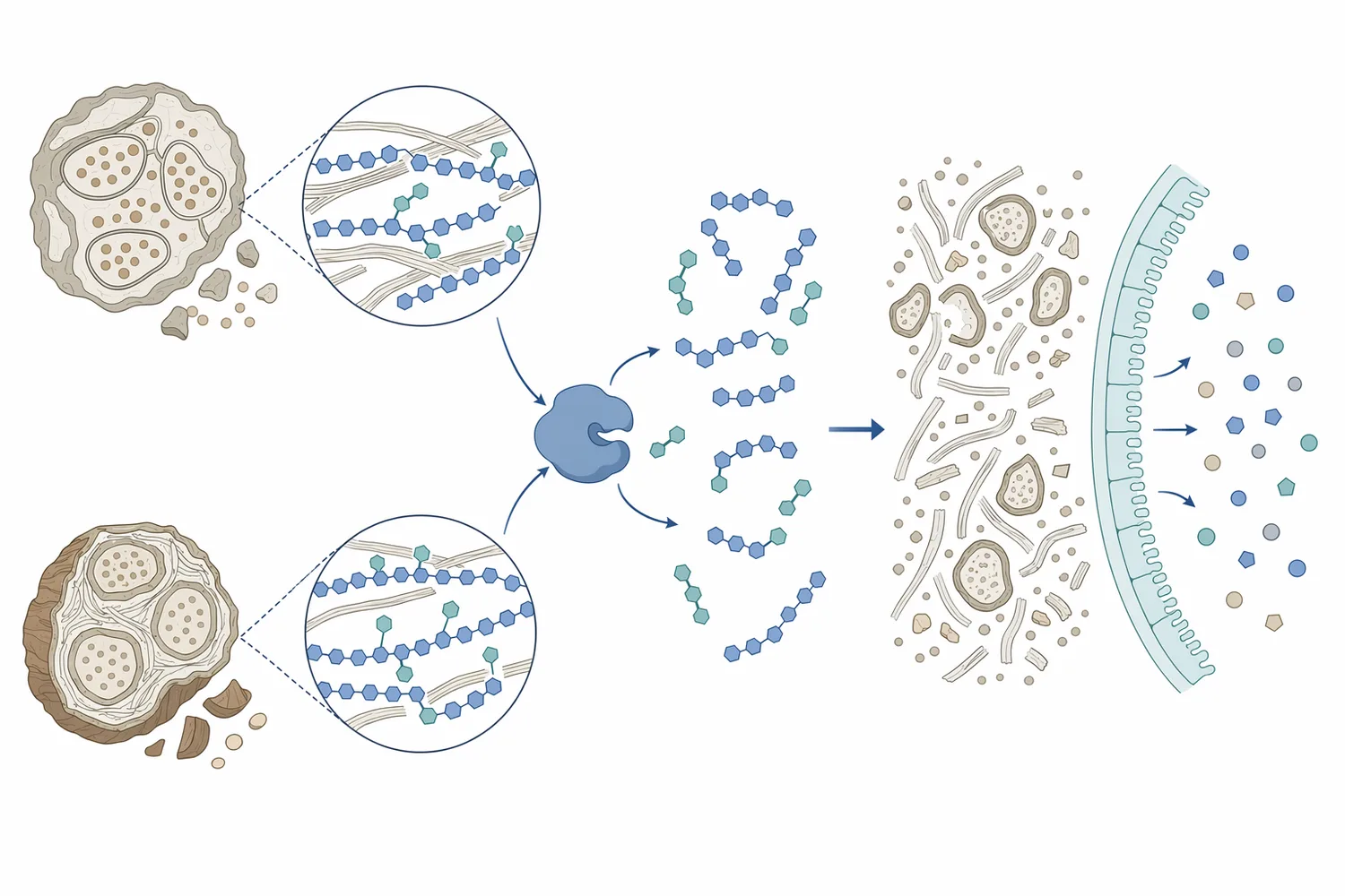 β-Mannanase targets β-1,4 linkages in β-mannan, galactomannan, and glucomannan structures to form shorter mannose-containing fragments.