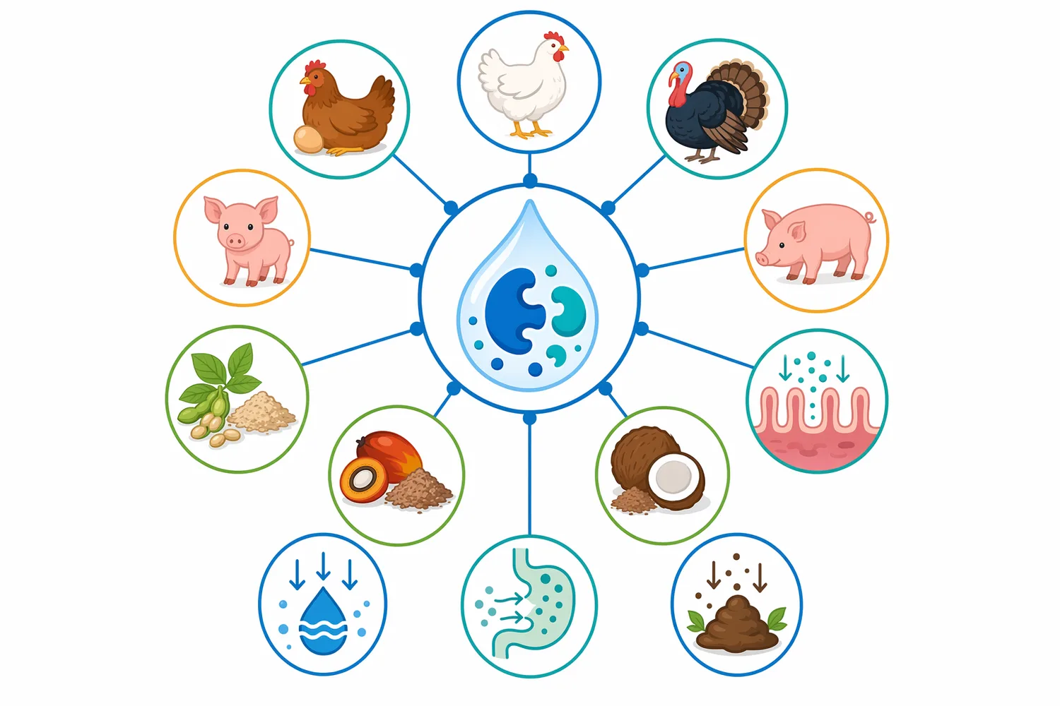 β-Mannanase has poultry and swine relevance across broilers, layers, turkeys, nursery pigs, grow-finish pigs, and sows when diets contain meaningful β-mannan substrate.