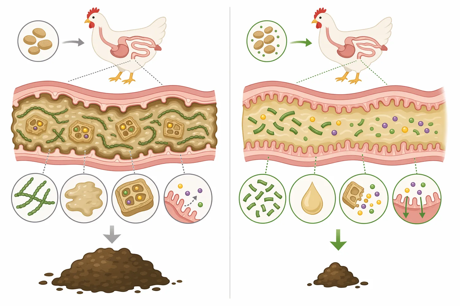 Mannanase differs from xylanase, phytase, protease, and amylase because it is selected for β-mannan-type substrates rather than xylans, phytate, proteins, or starch.