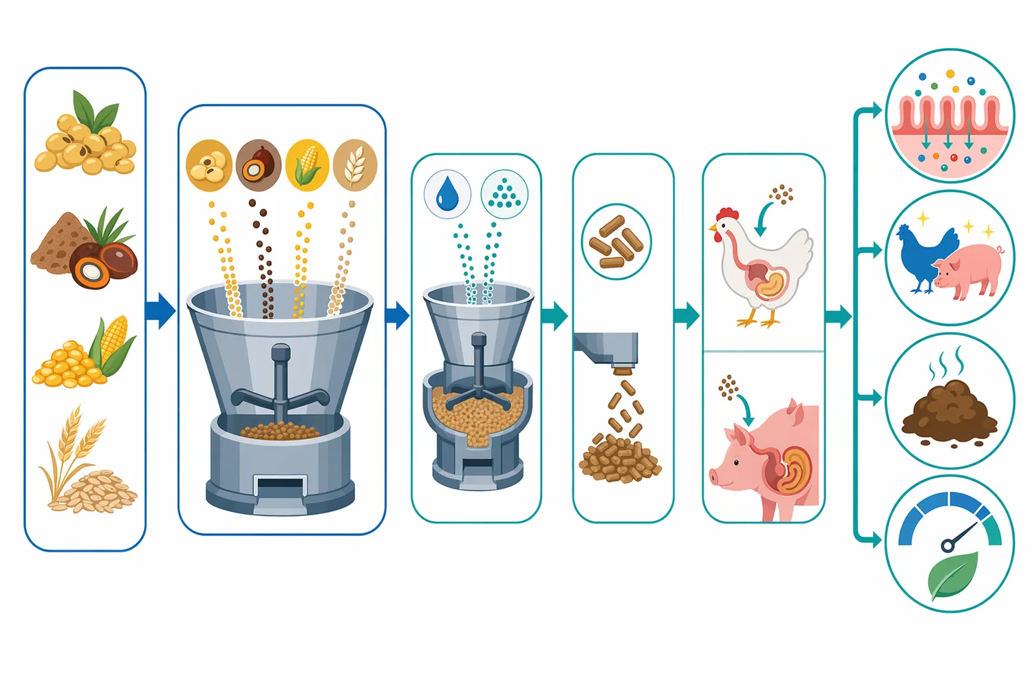 The feed-use pathway runs from β-mannan-containing ingredients to enzymatic hydrolysis, reduced polymer effects, improved nutrient access, and better utilization of the ration already supplied.