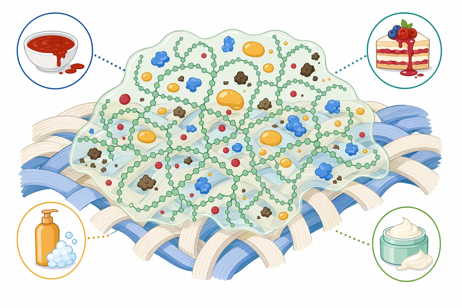 Gum thickeners such as guar gum and locust bean gum can form sticky networks that bind mixed residues to textile surfaces.
