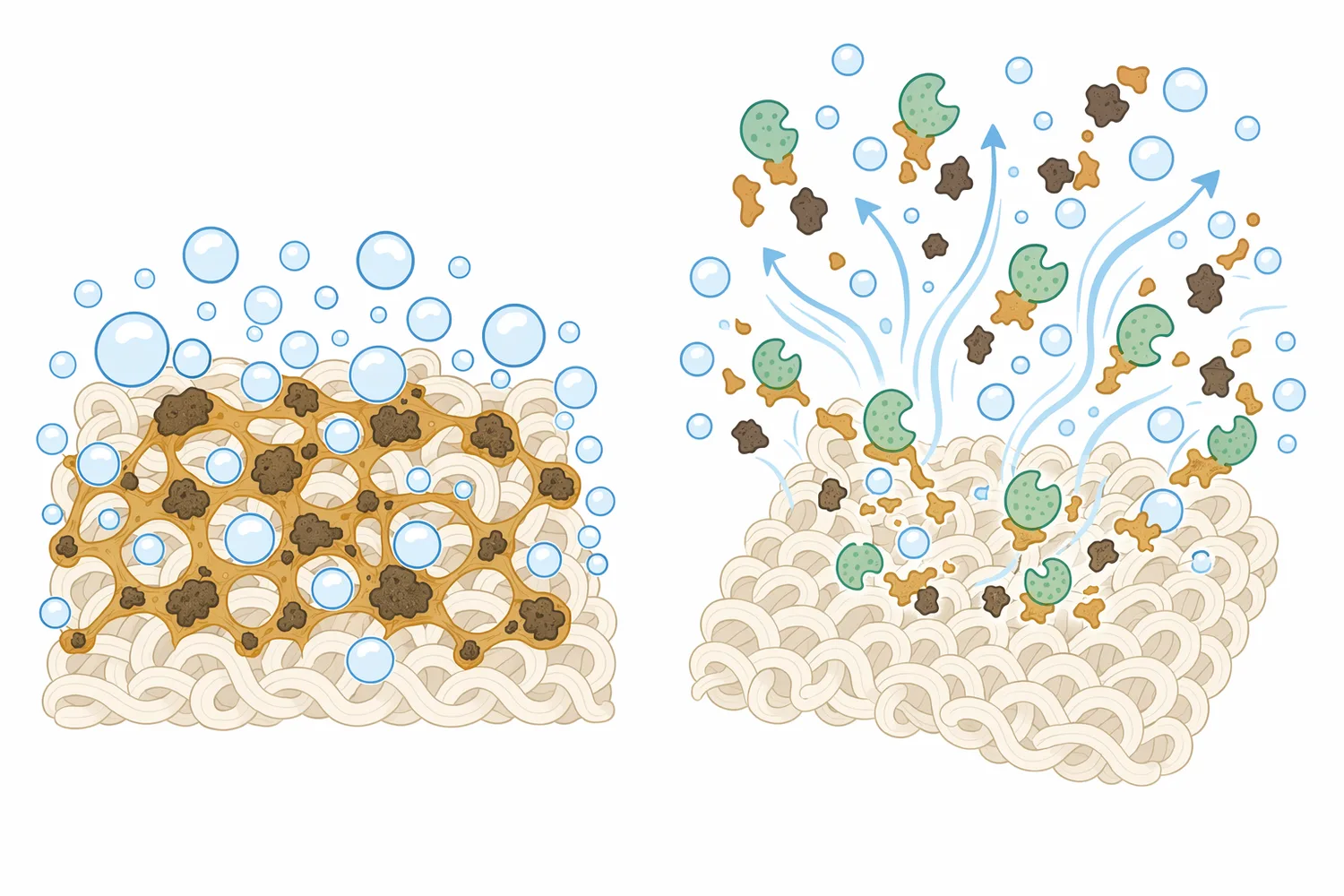 Surfactants can wet and emulsify soils, but mannanase adds covalent-chain cleavage that weakens the gum scaffold itself.