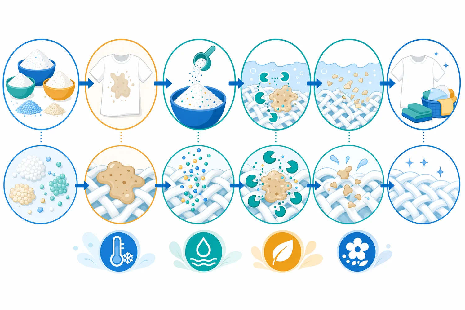 In a wash cycle, water hydrates the gum stain, mannanase diffuses into accessible regions, polymer chains are cleaved, and the detergent system disperses the loosened residue.
