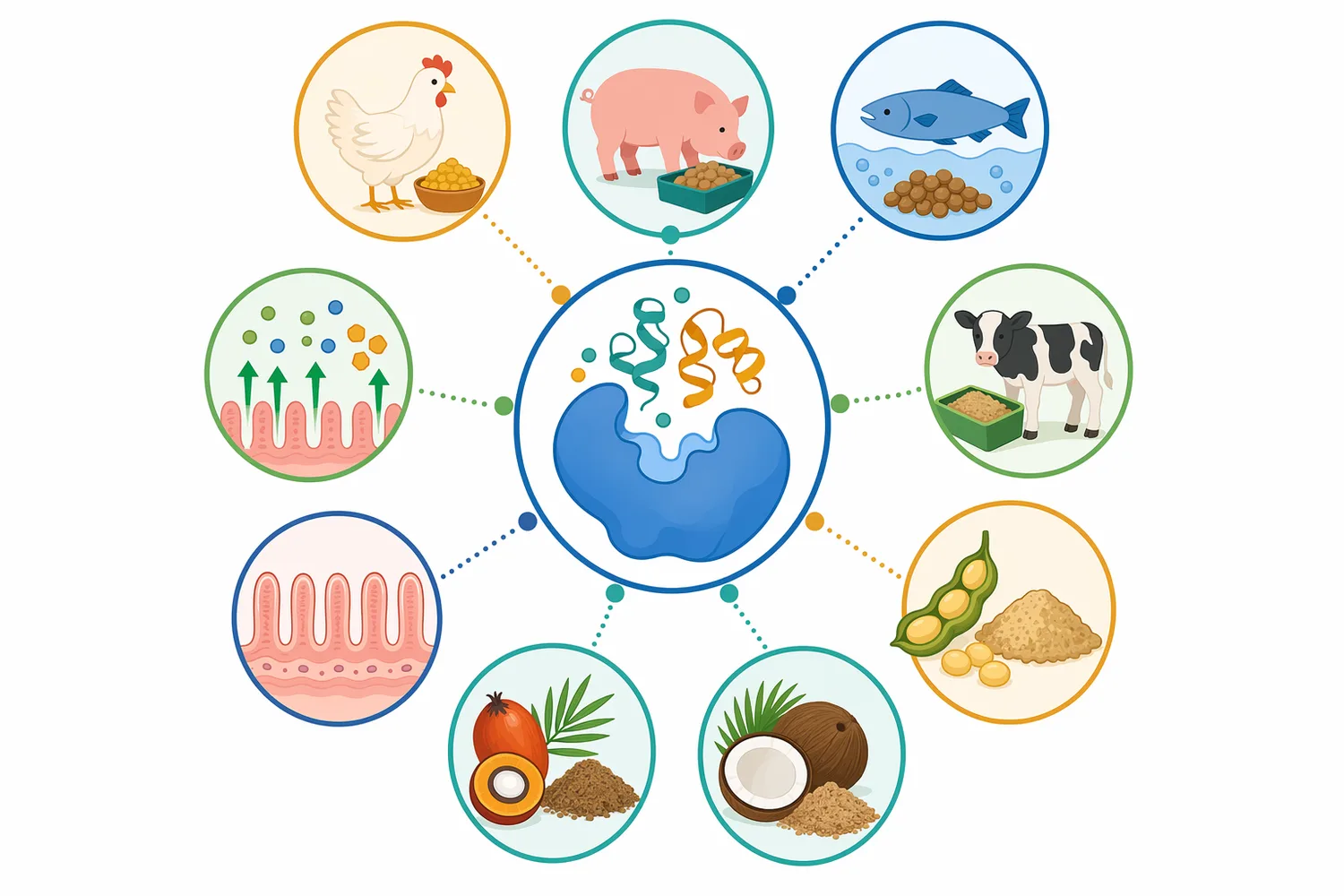 The strongest application base for β-mannanase is poultry and swine, with more context-dependent use in aquaculture and ruminant feeding systems.