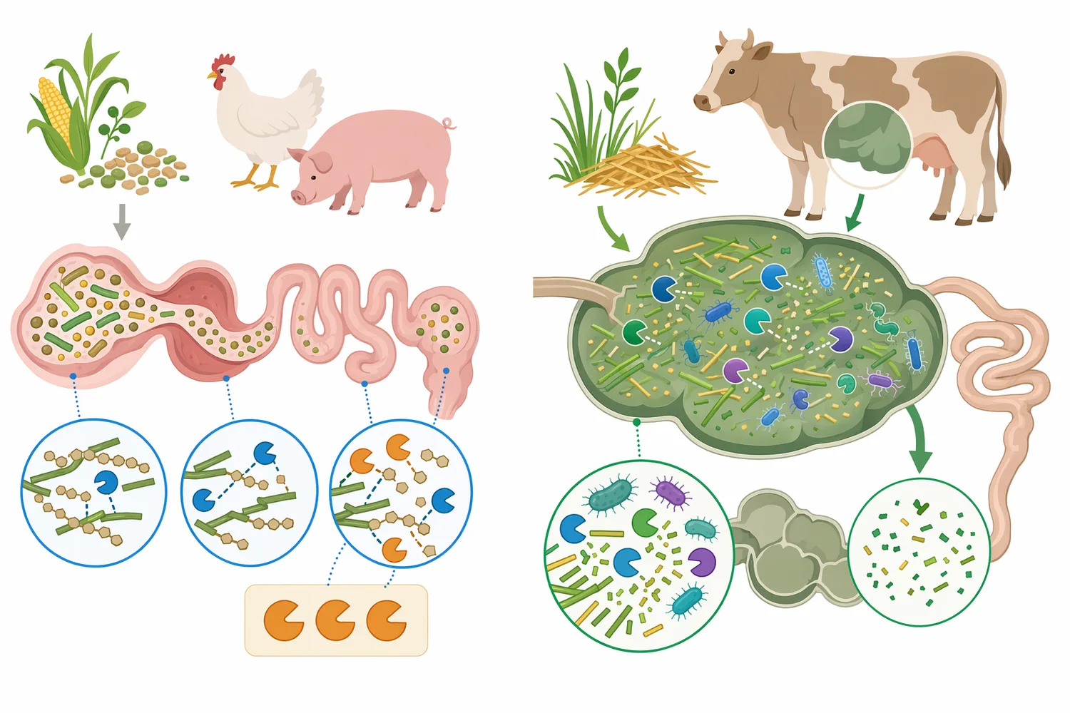 Exogenous mannanase has a different practical context in monogastric animals than in ruminants, where the rumen microbiome already contributes substantial fiber-degrading capacity.