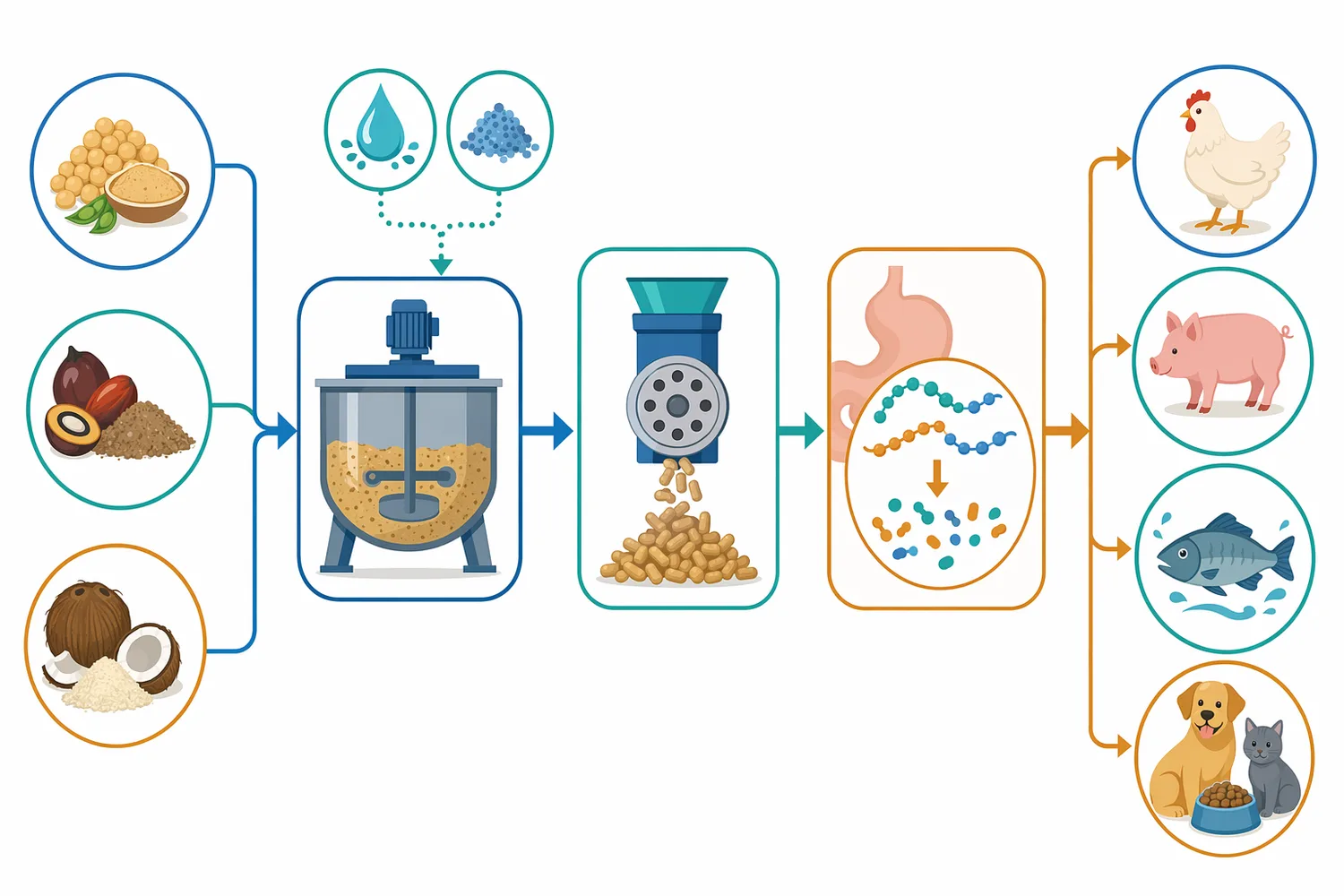 For mannan-rich co-products such as palm kernel cake or expeller, mannanase use can be viewed as an ingredient-upgrading workflow from physical accessibility to hemicellulose hydrolysis and improved nutrient release.