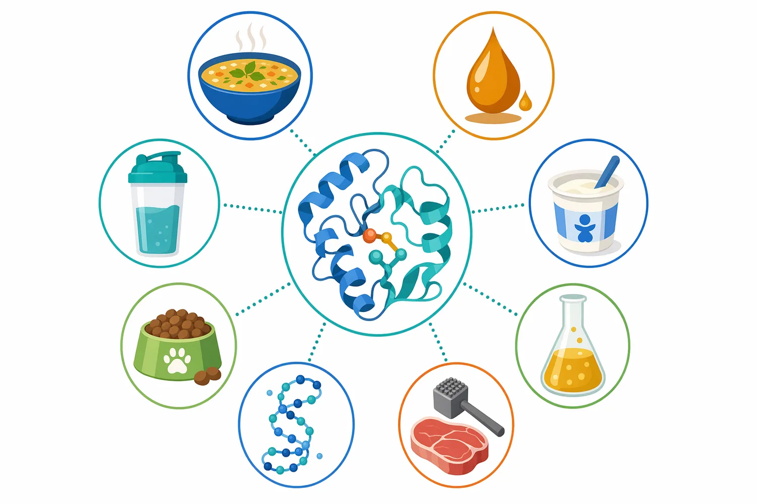Meat protein hydrolysis enzymes are used in flavor production, nutrition ingredients, pet food, fermentation nutrients, peptide products, and tenderization.