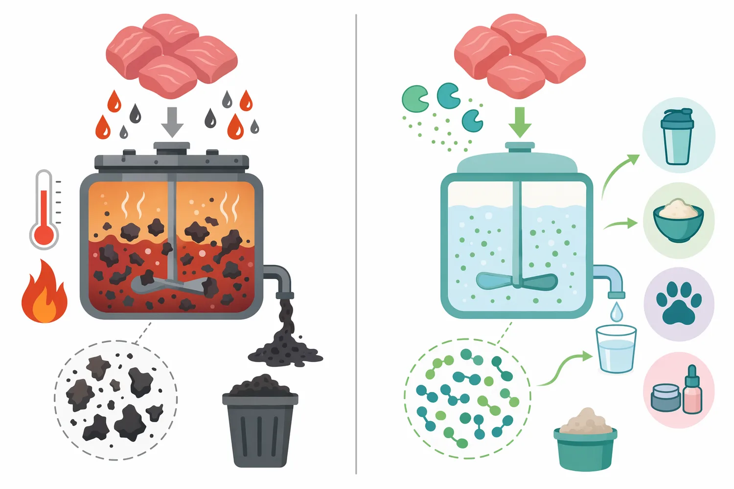 Compared with harsh chemical or thermal hydrolysis, enzymatic meat protein hydrolysis offers milder processing and better control over peptide profile.