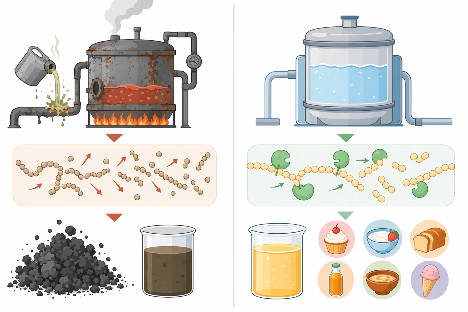 Compared with acid starch hydrolysis, alpha-amylase liquefaction offers milder processing, more controlled dextrin formation, and fewer undesirable byproducts.