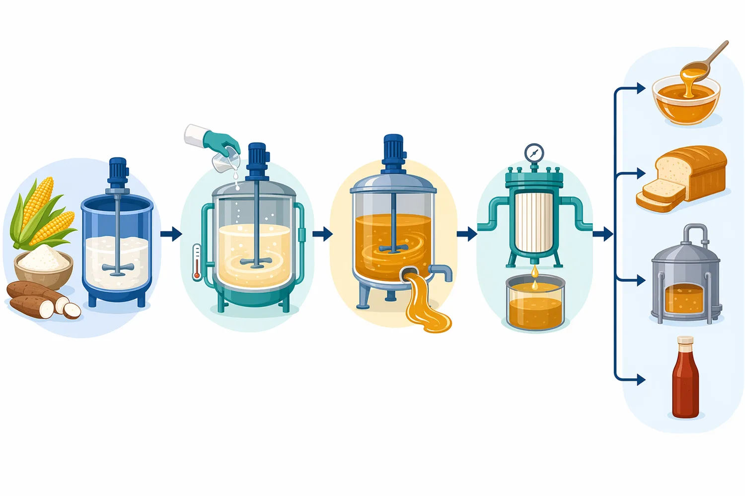 In food starch processing, medium temperature alpha-amylase is added to heated starch slurry to liquefy starch before downstream clarification and product formulation.