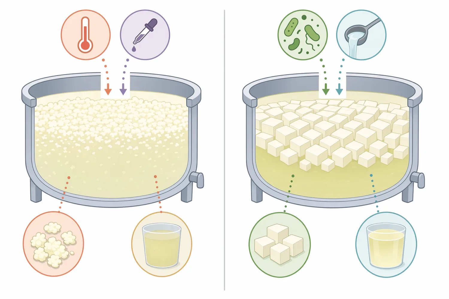 Animal rennet, microbial rennet, fermentation-produced chymosin, and plant protease coagulants share the role of setting milk but differ in source and proteolytic behavior.