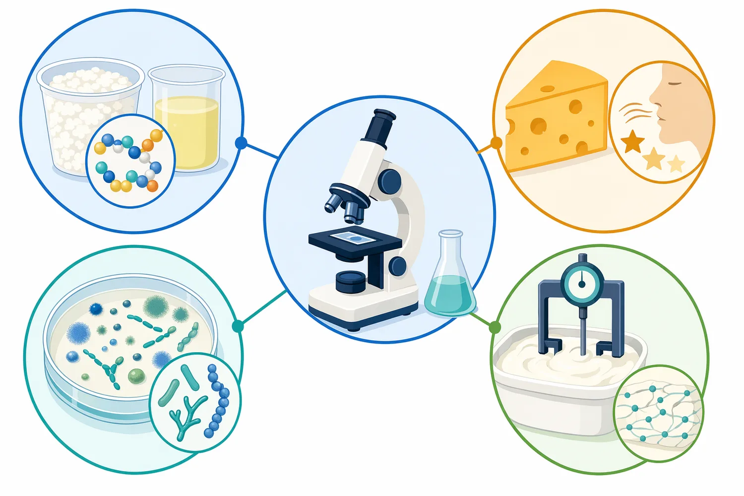 Dairy studies evaluate rennet systems through amino acid distribution, sensory quality, microbiological indicators, and physicochemical texture.