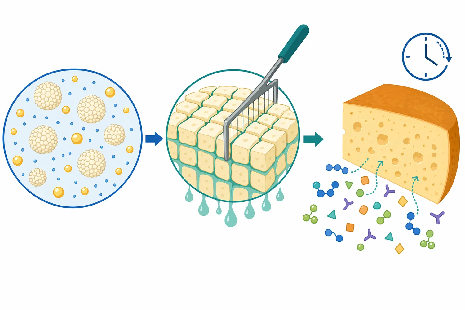 After coagulation, the casein network controls curd-whey partitioning while residual proteolysis can continue during storage or ripening.