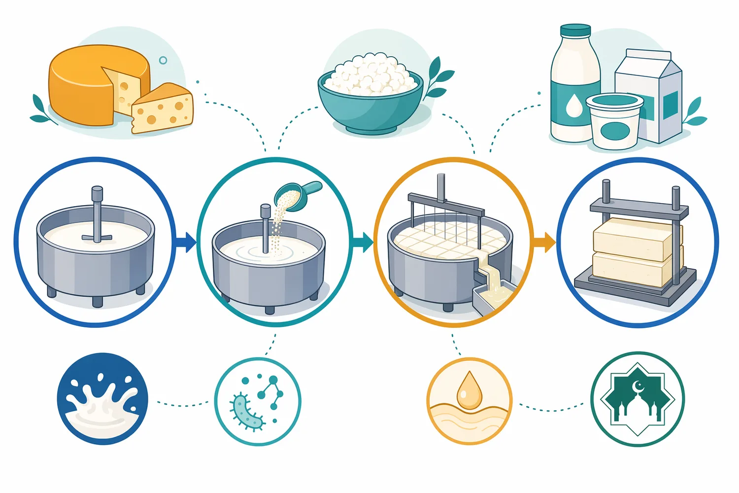 In the vat, prepared milk is cultured or conditioned, rennet is dispersed, the gel sets undisturbed, and curd cutting initiates controlled whey drainage.