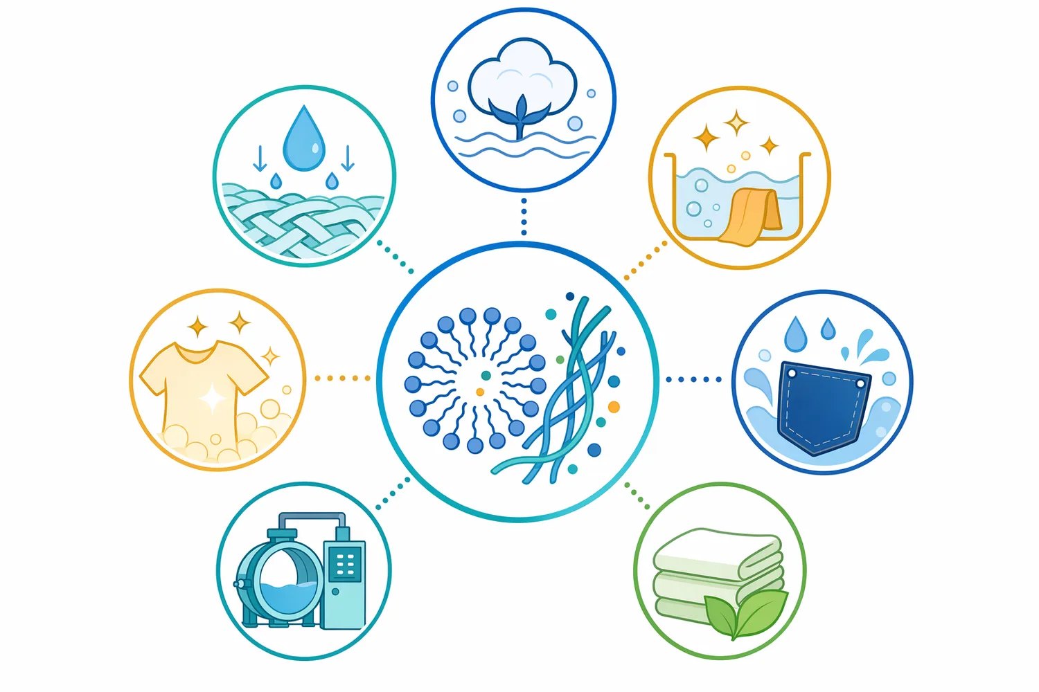 The surfactant is relevant for cotton and cellulose-rich fabrics, garment washing, bast fibers, synthetics, blends, and post-treatment washing.