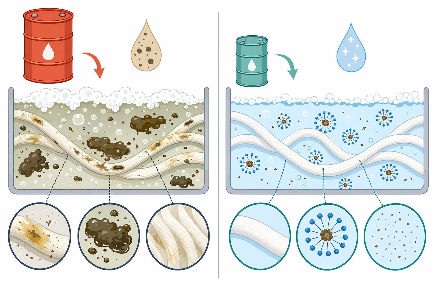 Conventional alkaline scouring, enzyme-supported bioscouring, surfactant-assisted preparation, and combined scouring-dyeing concepts rely on different primary actions but all benefit from controlled wetting and soil removal.