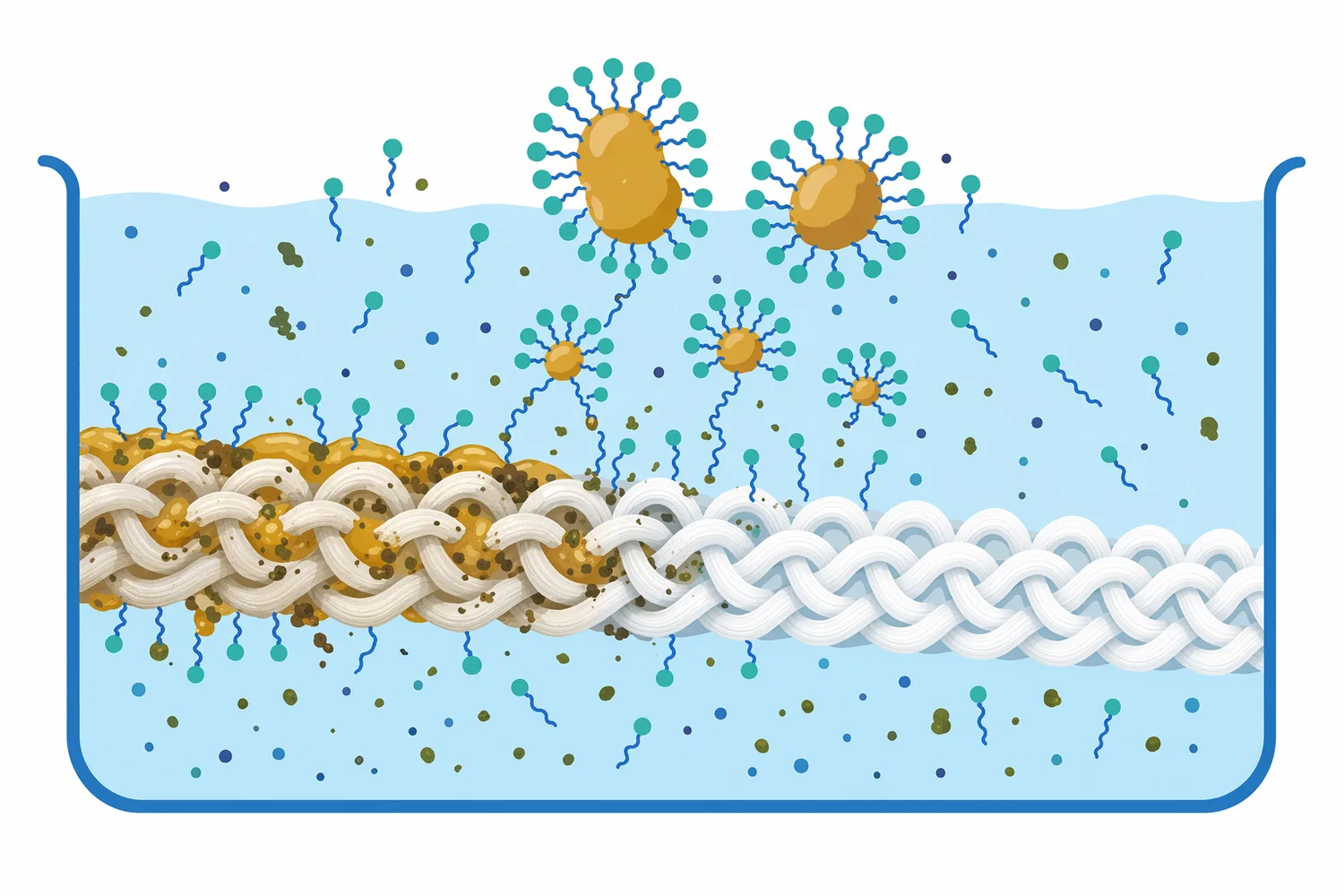 The surfactant supports textile preparation by improving wetting, loosening hydrophobic impurities, and keeping removed material in the bath.