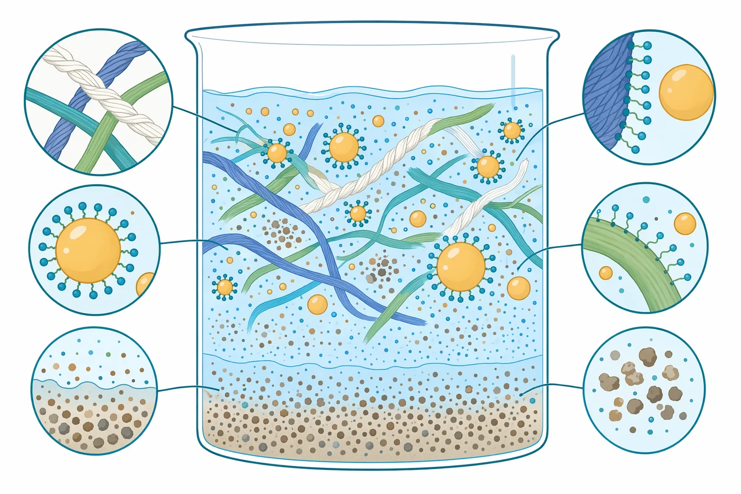 Bath behavior depends on interactions among water chemistry, fiber type, oils, suspended particles, and surfactant-stabilized interfaces.