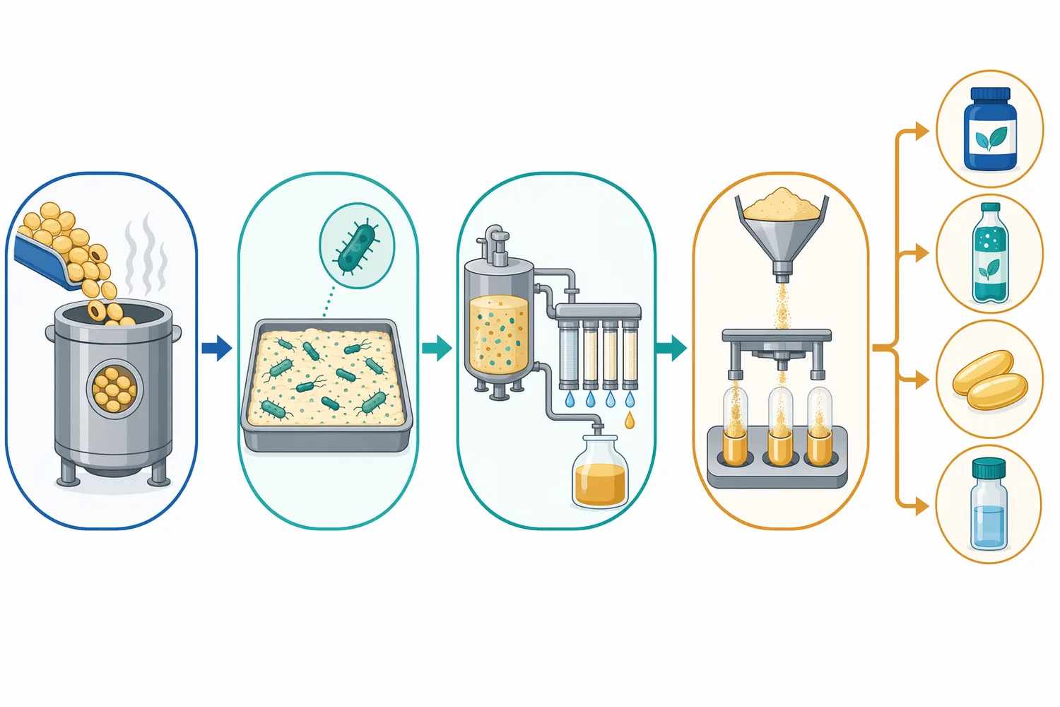 Nattokinase’s commercial identity starts with Bacillus subtilis natto fermentation of soybeans and ends in concentrated enzyme formats such as capsules, tablets, and dry blends.