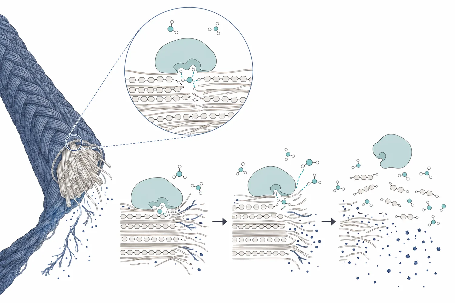 Neutral cellulase adsorbs to exposed cotton fibrils, hydrolyzes cellulose chains, and allows washer friction to detach indigo-bearing microfibers.