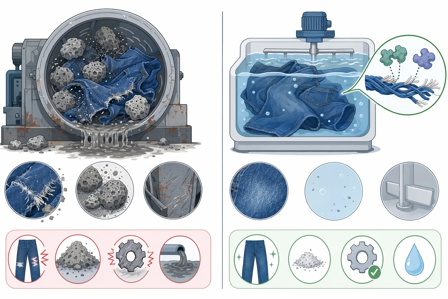 Enzyme-assisted abrasion can reduce dependence on heavy pumice impact while still using mechanical action to develop a worn denim look.