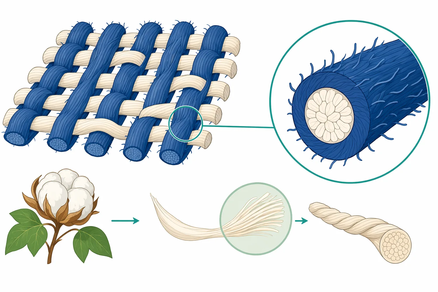 Denim abrasion is a surface process because much of the visible indigo shade sits on the outer warp-yarn surface.