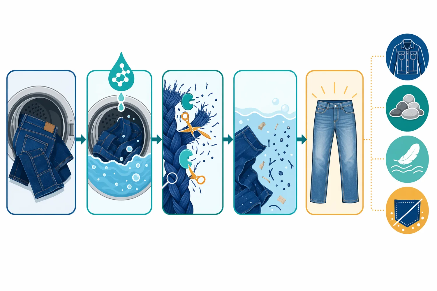 The final denim effect depends on the combined wash sequence of preparation, enzyme contact, mechanical abrasion, rinsing or enzyme removal, and finishing.