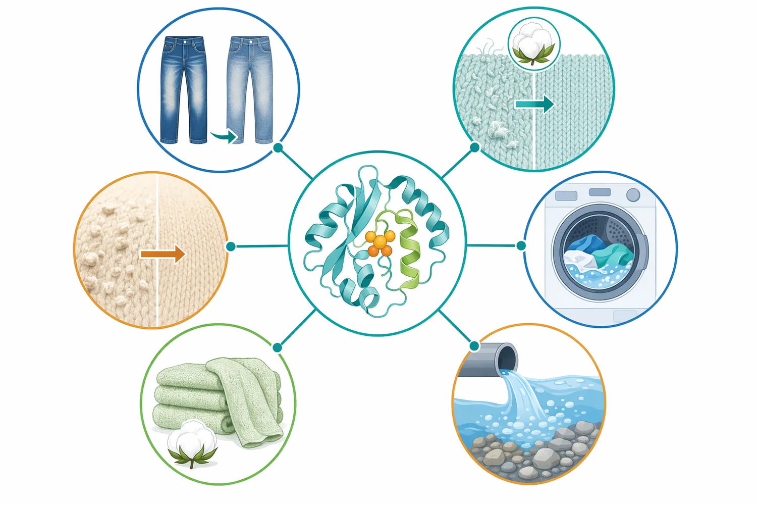 Neutral cellulase is used in denim fading, cotton bio-polishing, defuzzing, anti-pilling, and garment softness improvement.