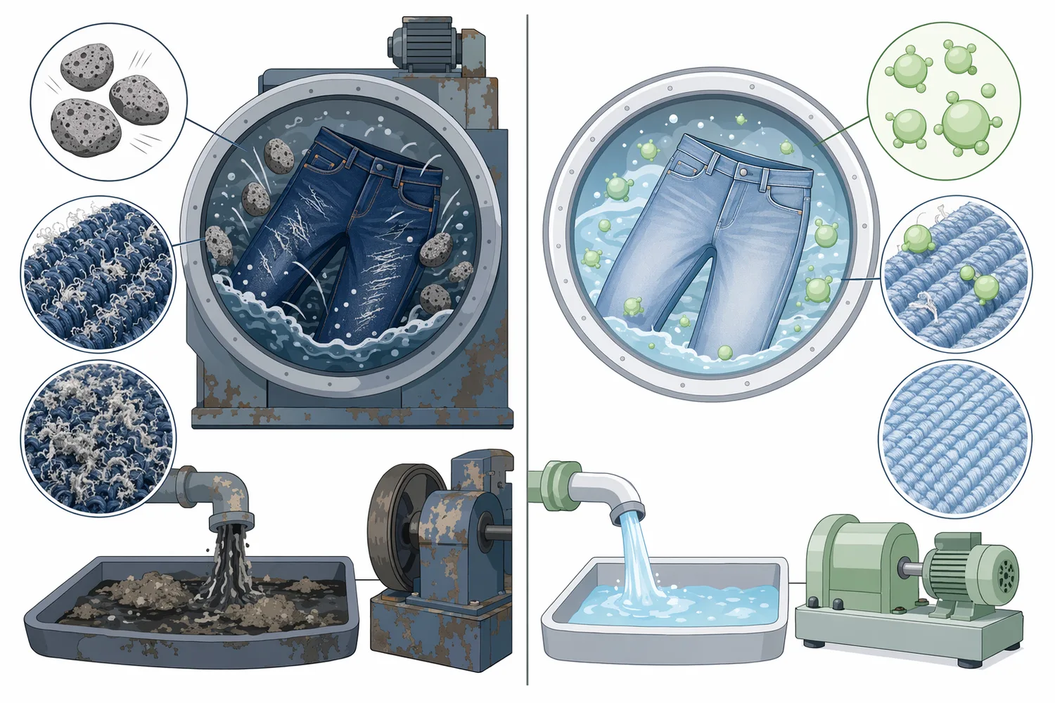 Compared with pumice-only abrasion, neutral cellulase denim washing gives more controlled fading with less fabric damage and lower solid waste.