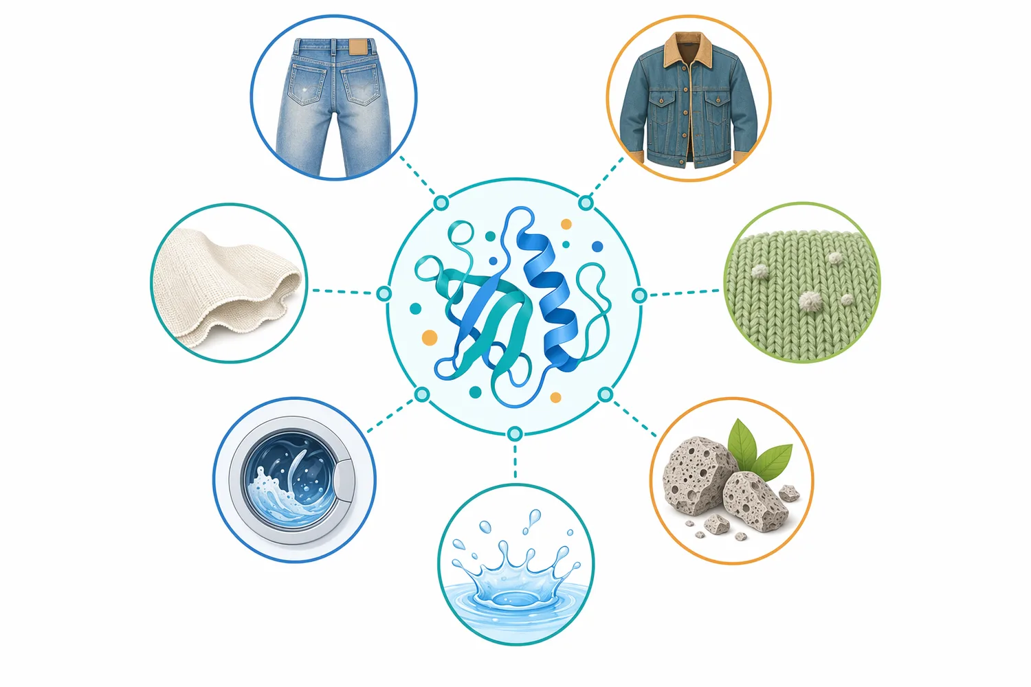 Neutral cellulase is mainly used for denim bio-stoning, cotton softening, surface defuzzing, and reduced reliance on pumice stones.