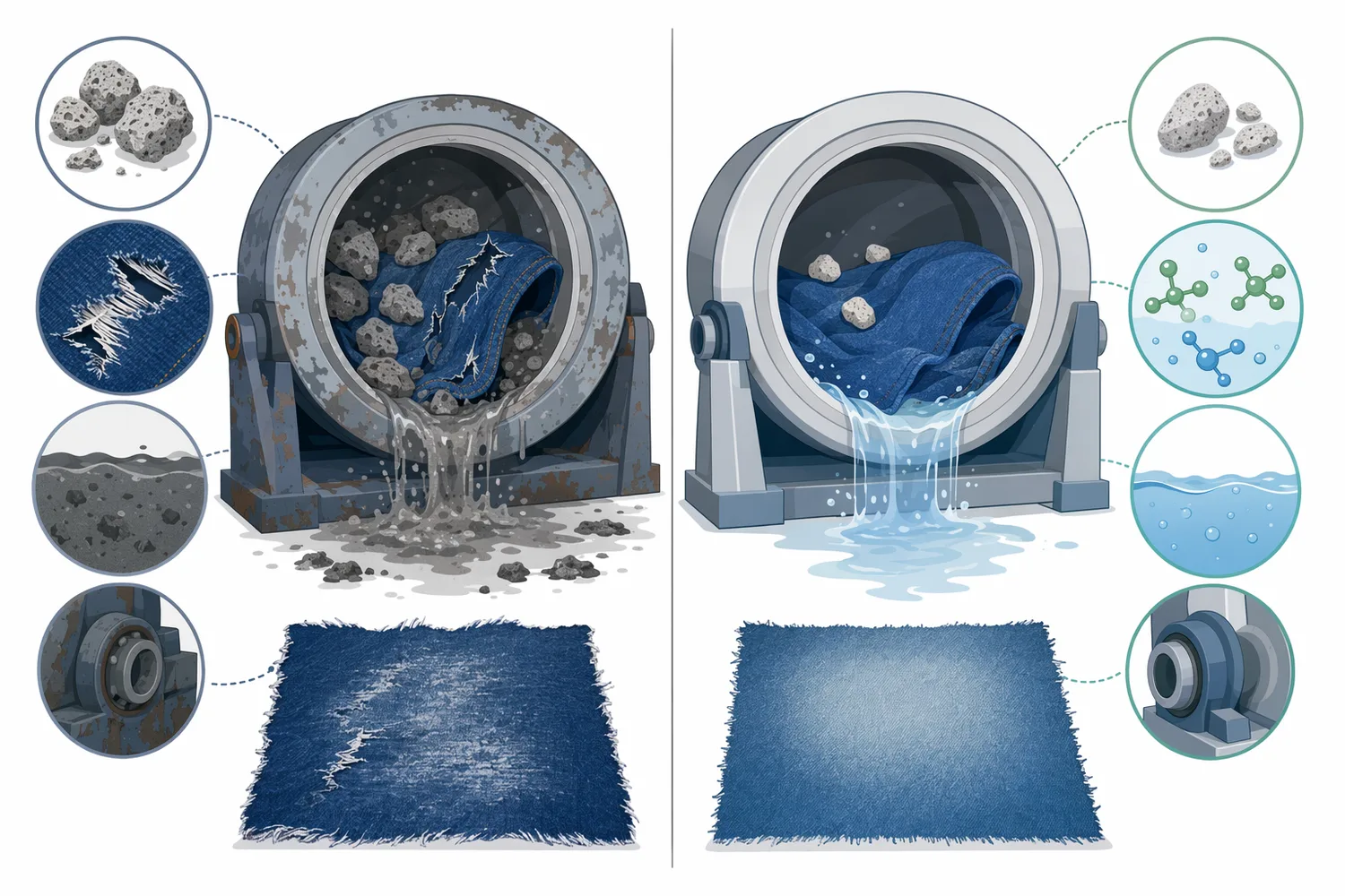 Compared with pumice-only abrasion, neutral cellulase bio-washing can deliver controlled denim fading with less stone damage and lower solid waste.