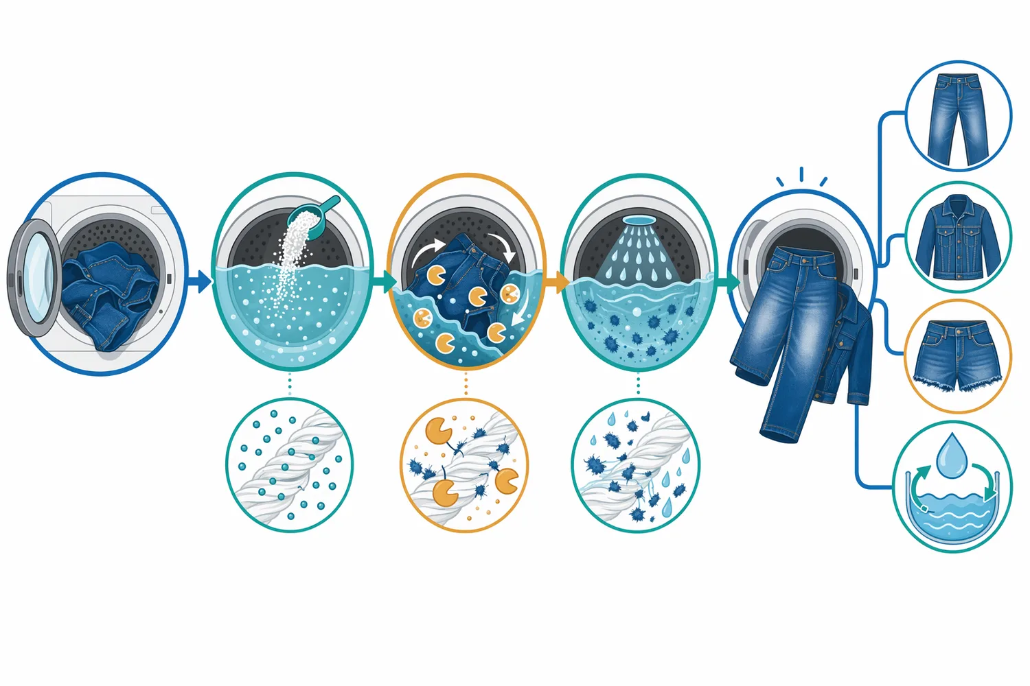 In garment washing, neutral cellulase is added to denim liquor to produce bio-stoning, softness, and localized fade effects.