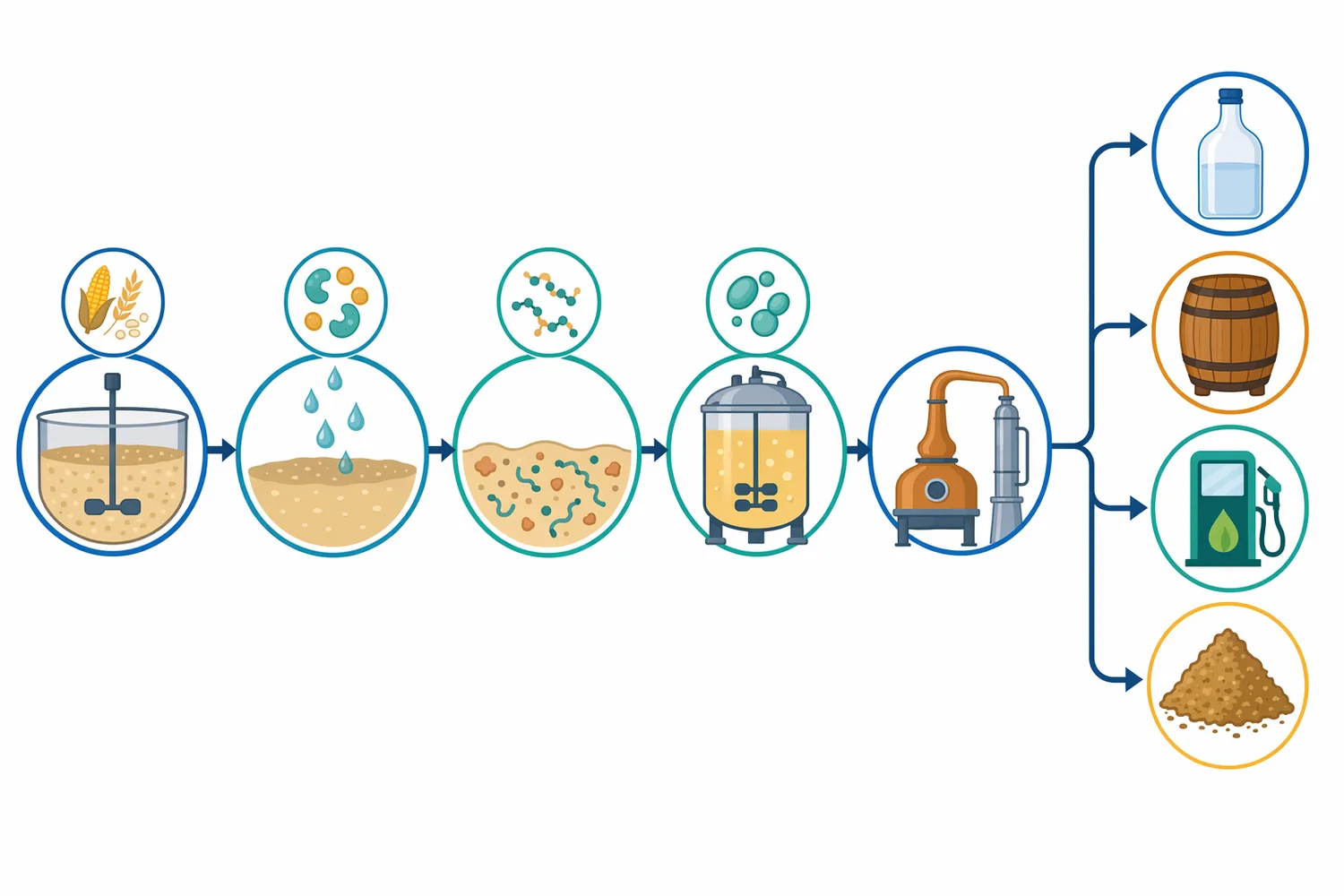 In a distillation enzyme program, amylases target starch, fiber enzymes target non-starch polysaccharides, and neutral protease targets proteins.