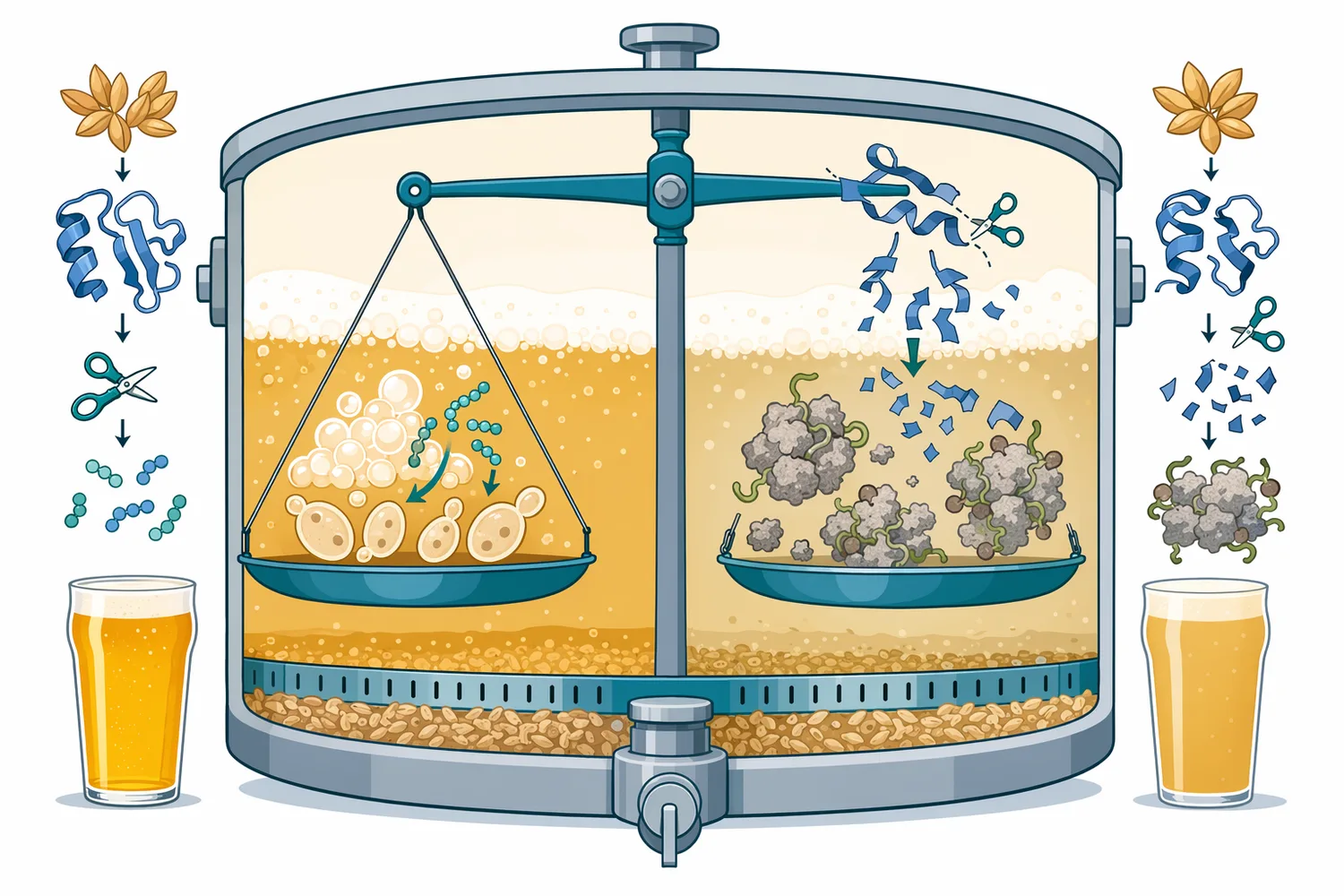 Brewing protein management requires controlled hydrolysis because some protein fractions support foam and mouthfeel while others contribute to haze or poor nitrogen availability.