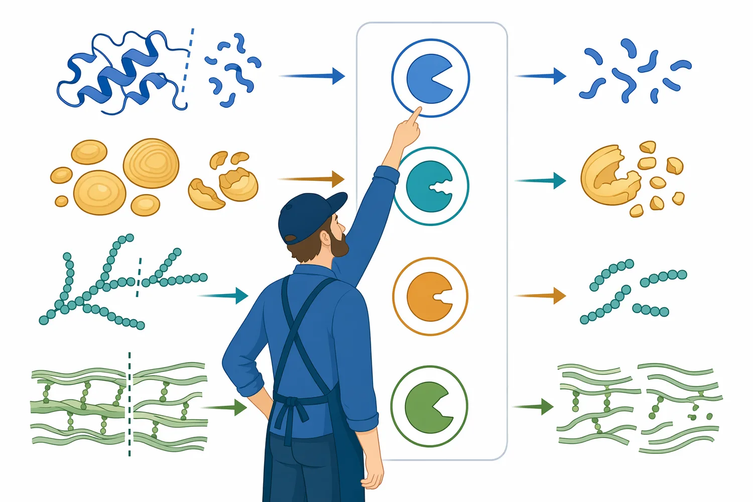 Neutral protease targets proteins and therefore does not replace amylases for starch conversion or beta-glucanase for cell-wall beta-glucan problems.