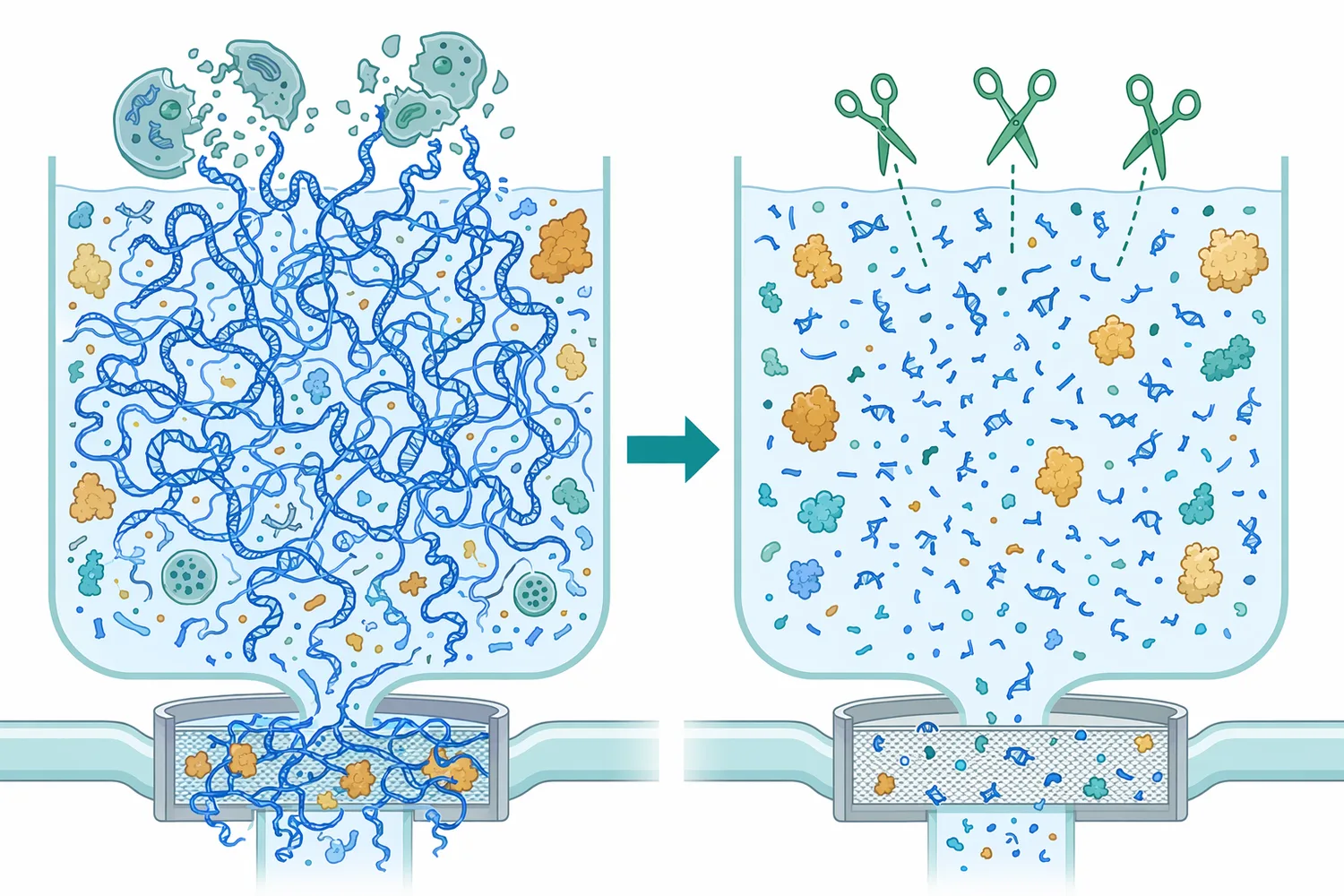 Long released nucleic acids can increase viscosity and entanglement, while nuclease fragmentation changes them into shorter, easier-to-handle material.