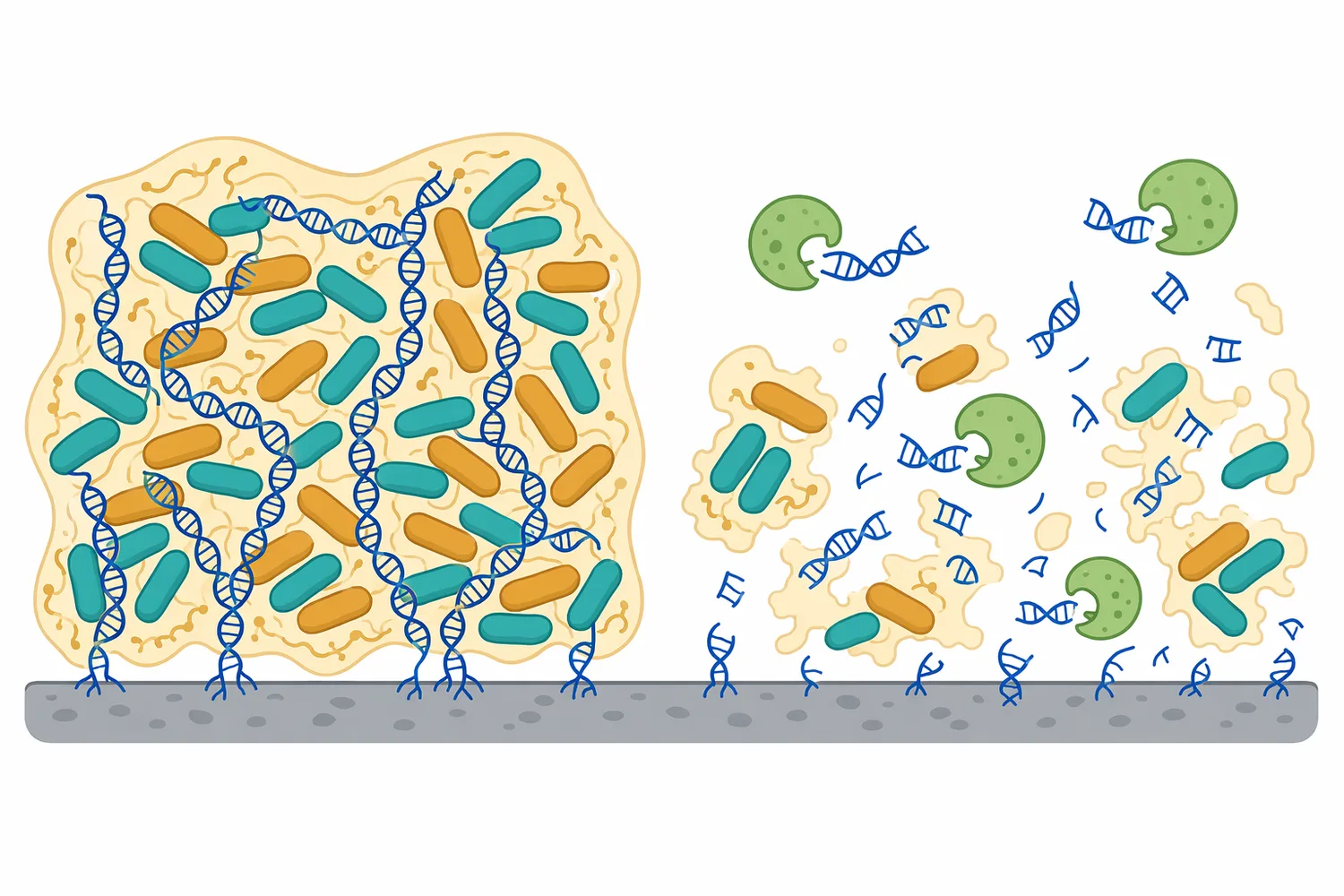In biofilms where extracellular DNA contributes to matrix structure, nuclease cleavage can reduce polymeric continuity in the matrix.