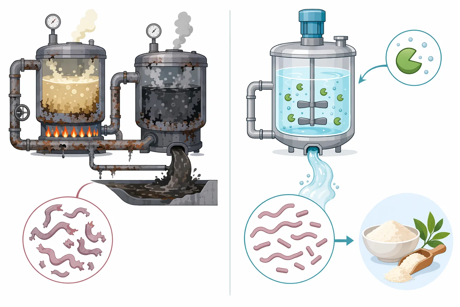 Acid-assisted, papain-based, alkaline, and staged processes affect collagen accessibility, peptide generation, and downstream material properties in different ways.