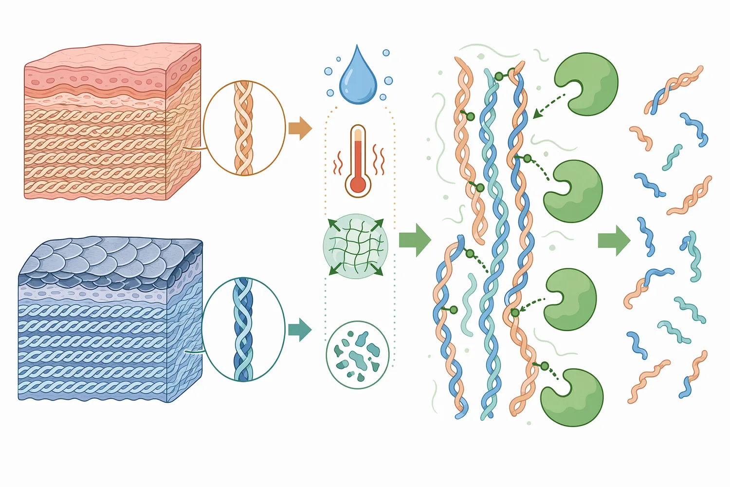 Papain hydrolyzes collagen most effectively after pretreatment has made peptide bonds physically accessible.