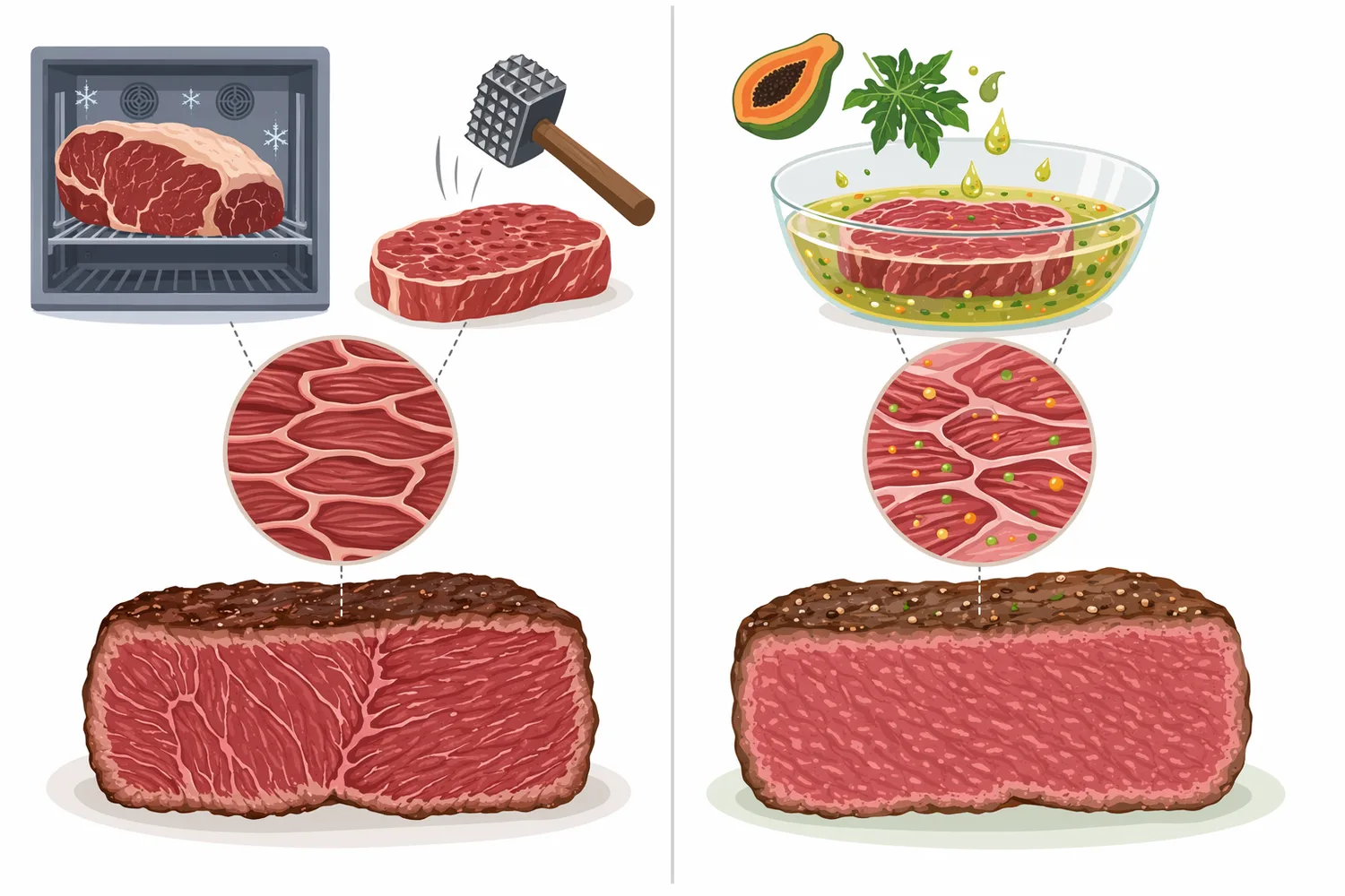 Papain, bromelain, ficin, and endogenous aging enzymes tenderize meat through proteolysis, but they differ in source, practical use, speed, and control risks.