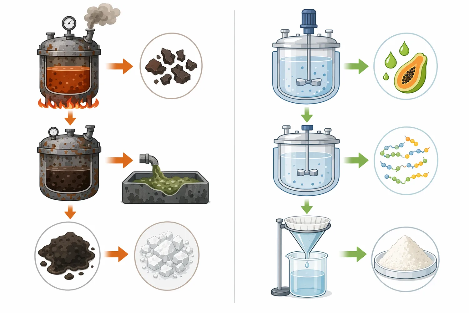 Papain differs from acid, neutral, and alkaline proteases because it supports controlled proteolysis in mild aqueous conditions suited to many protein matrices.