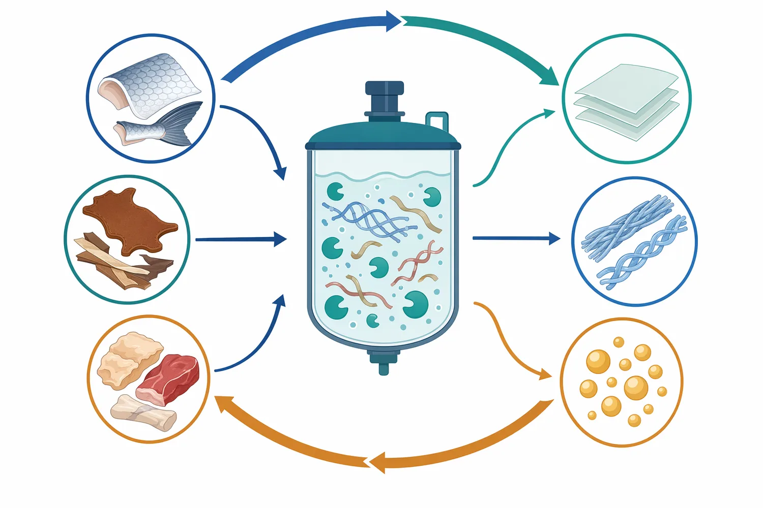 Papain can help convert low-value protein-rich side streams into extractable collagen, gelatin, peptides, or soluble hydrolysates.