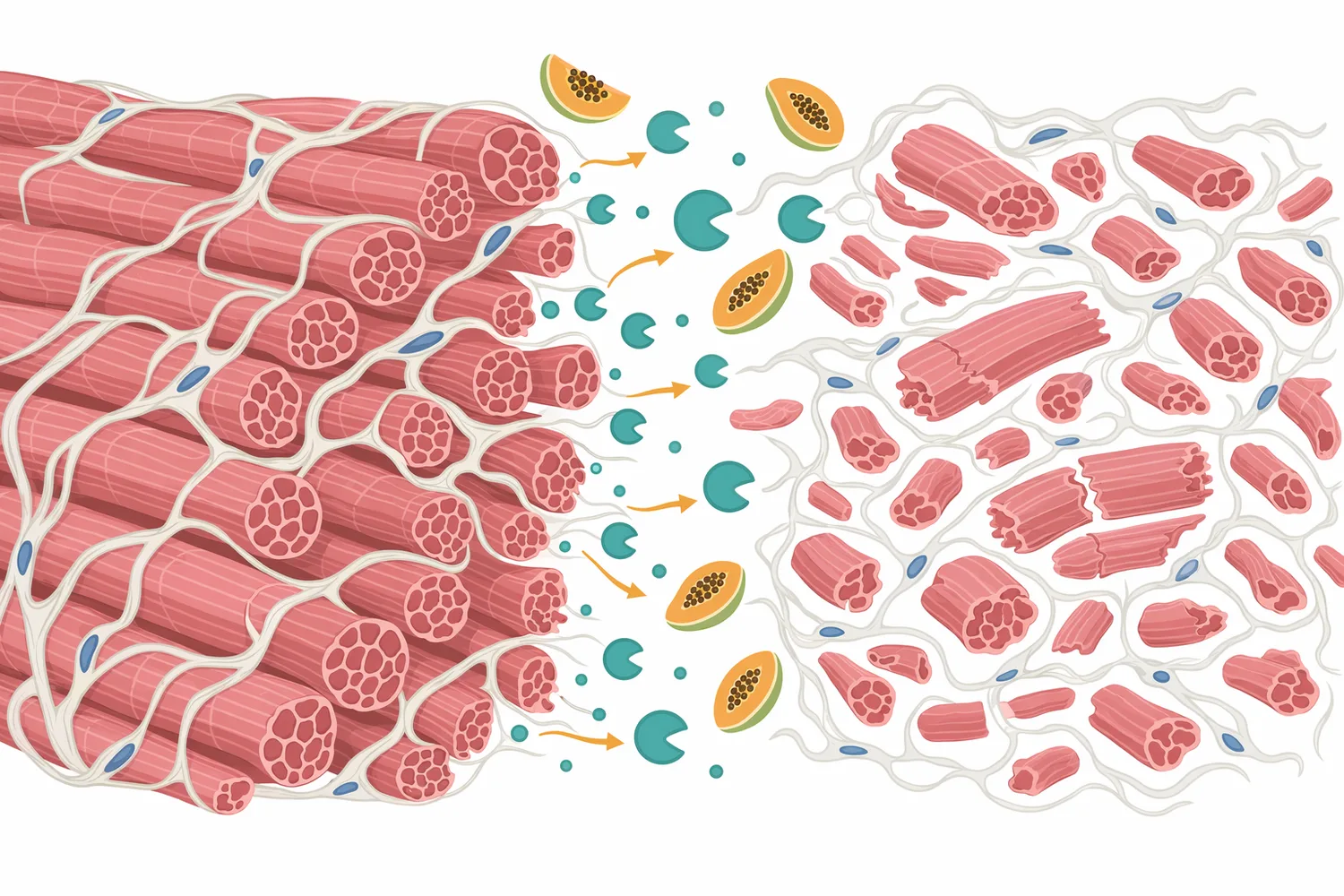 In meat, papain softens texture by partially hydrolyzing muscle and connective-tissue proteins.