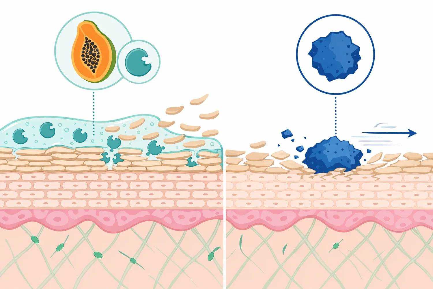 Papain-based exfoliation works by loosening protein-rich surface material rather than mechanically abrading skin.