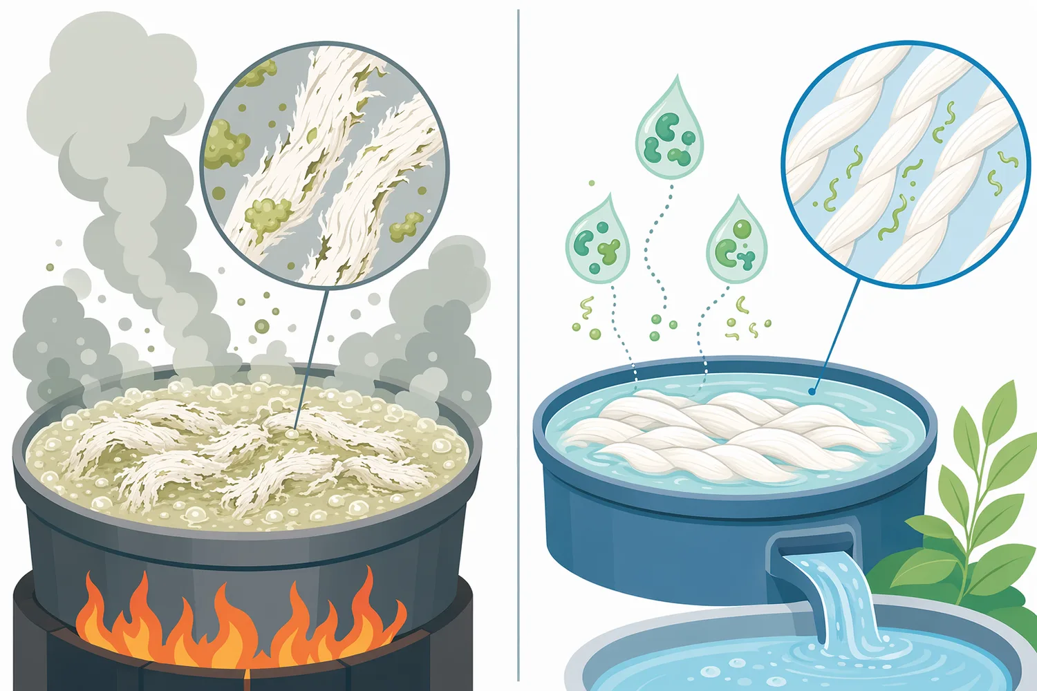 Compared with conventional alkaline scouring, pectate lyase bioscouring can lower chemical severity while preserving fiber quality.